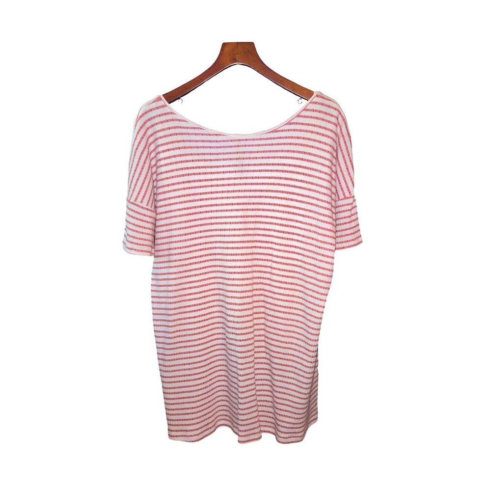 Zara T-Shirt Womens‎ Large Red White Striped V-Neck Ribbed Short Sleeve Basic